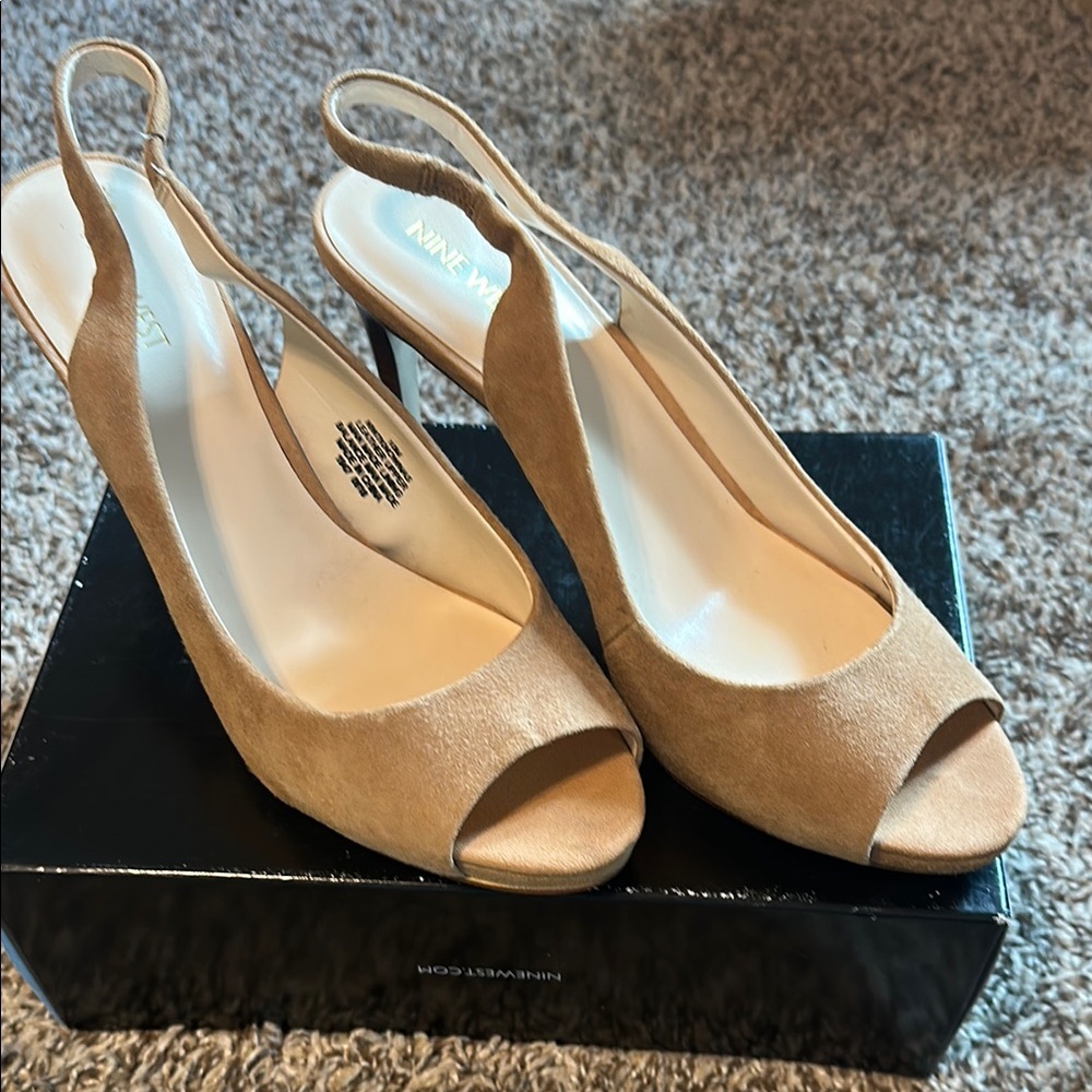 Nine West Tan Peep-Toe Slingback Heels